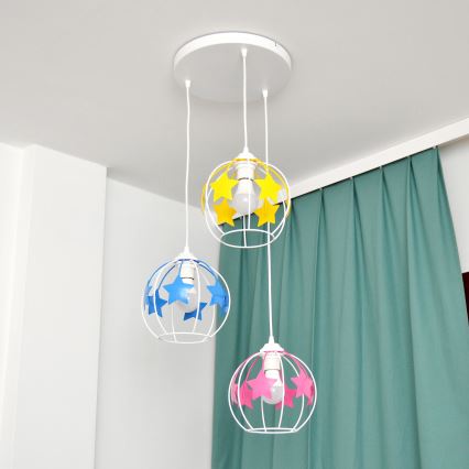 Kinder-Pendelleuchte an Schnur STARS 3xE27/15W/230V blau/rosa/gelb
