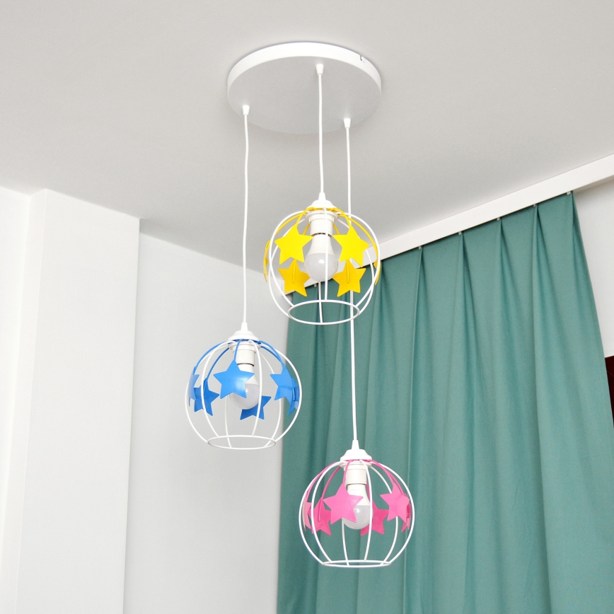 Kinder-Pendelleuchte an Schnur STARS 3xE27/15W/230V blau/rosa/gelb
