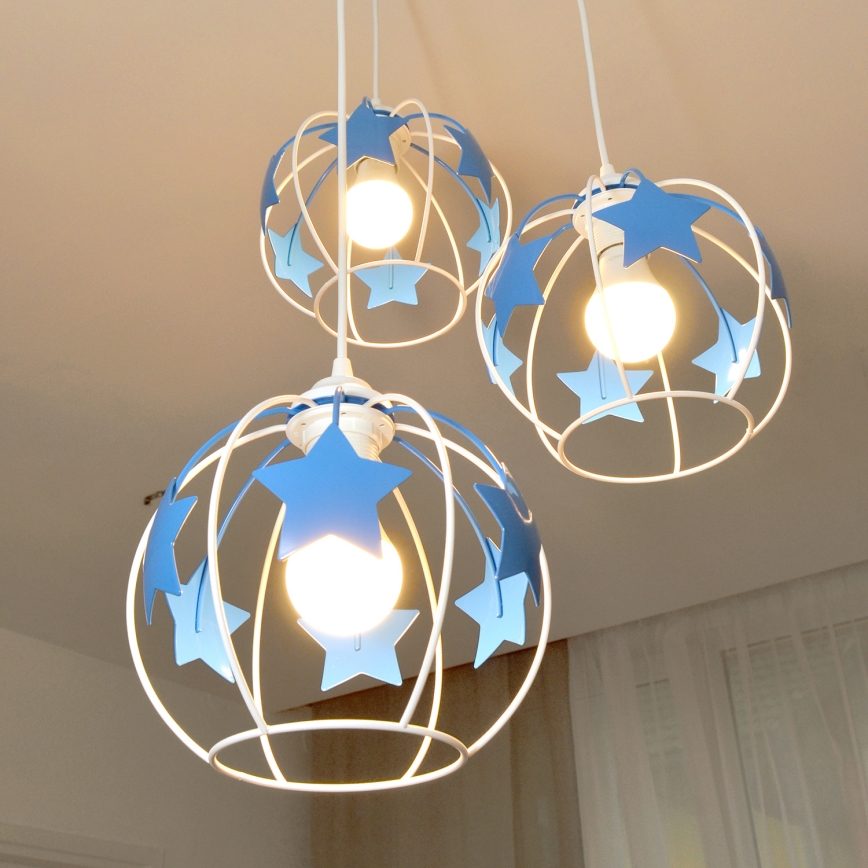 Kinder-Pendelleuchte an Schnur STARS 3xE27/15W/230V blau/weiß