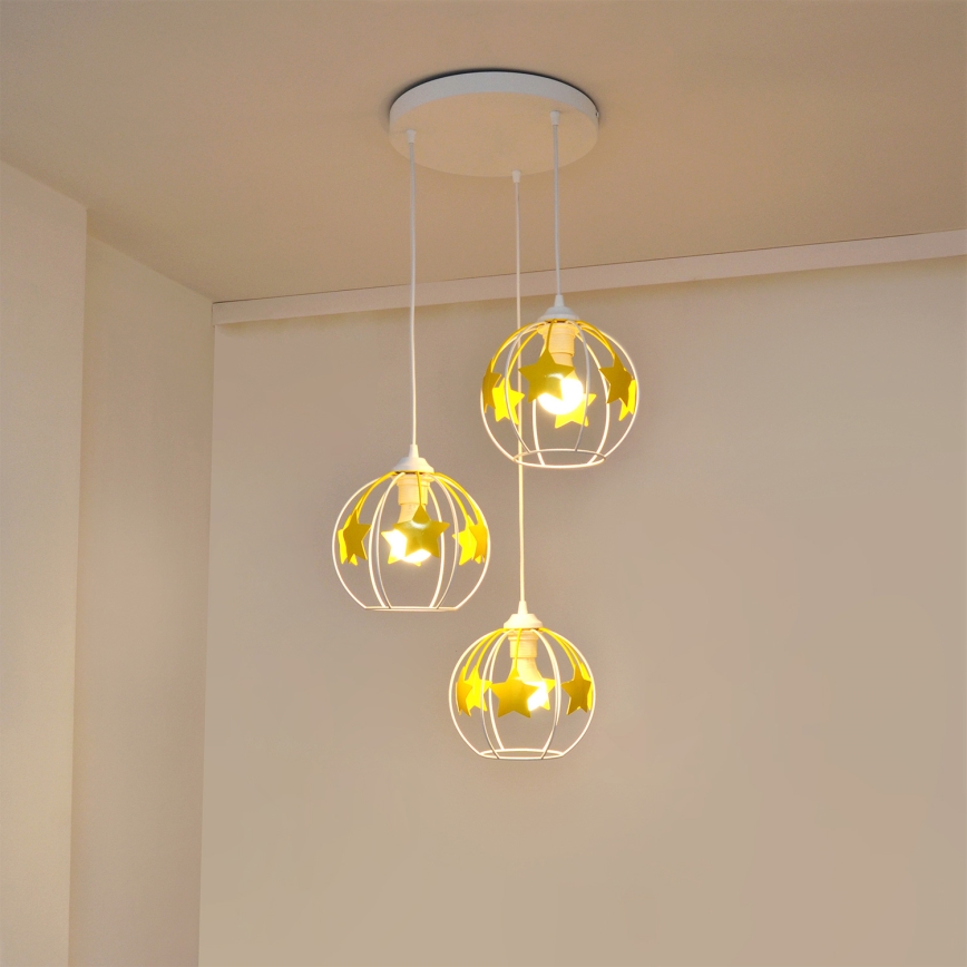Kinder-Pendelleuchte an Schnur STARS 3xE27/15W/230V gelb/weiß