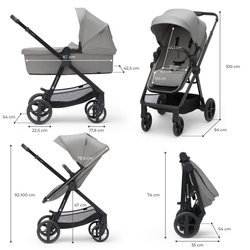 KINDERKRAFT - Kombinierter 4-in-1 Kinderwagen NEWLY Classic Grau + Babyschale MINK PRO mit ISOFIX-Basis