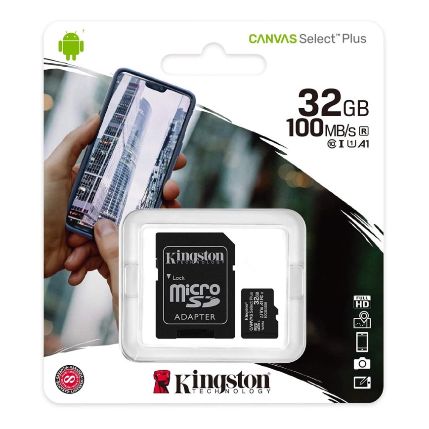 Kingston - MicroSDHC 32GB Canvas Select Plus U1 100MB/s + SD-Adapter