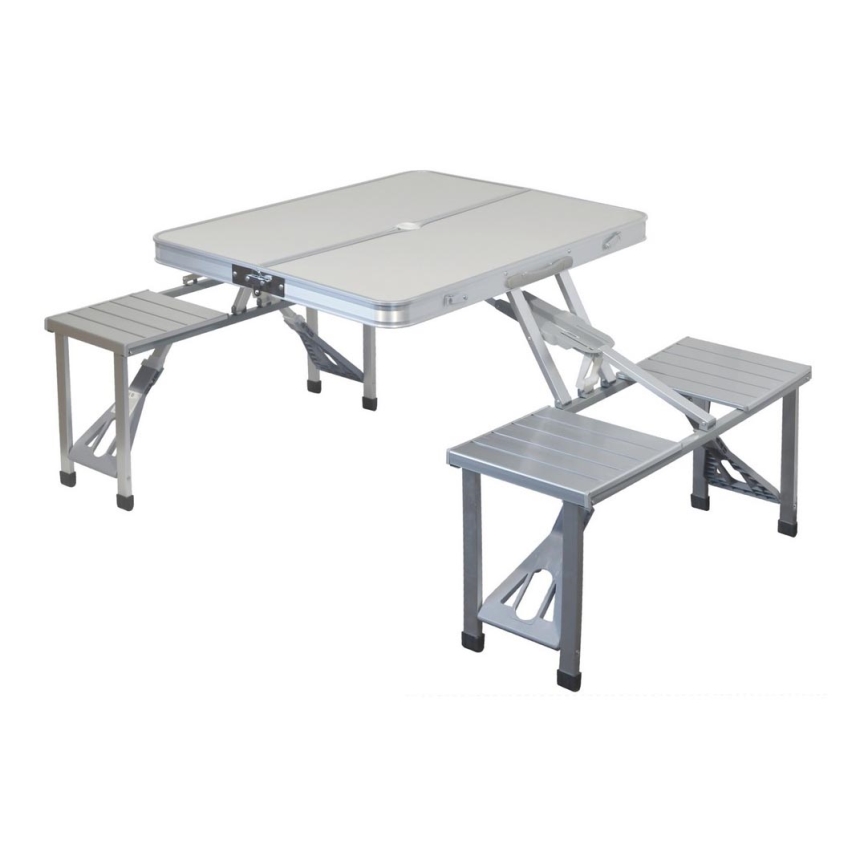 Klappbarer Campingtisch mit Stühlen weiß/matt Chrom