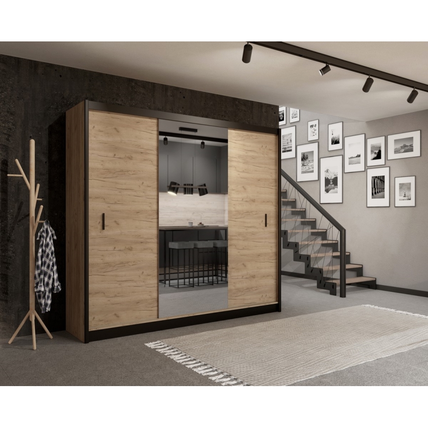 Kleiderschrank mit Spiegel MIRO 250x215 cm Eiche Craft/schwarz