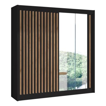 Kleiderschrank mit Spiegel SANTINO 203x215 cm schwarz / Eiche