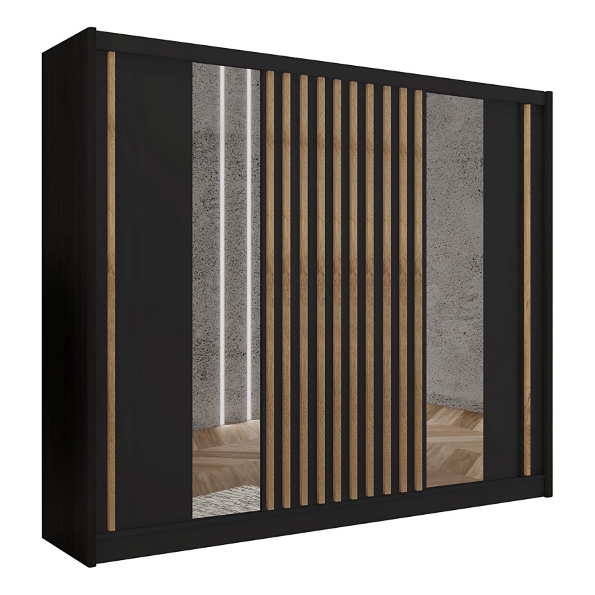 Kleiderschrank mit Spiegel SANTINO 250x215 cm schwarz/Eiche Craft