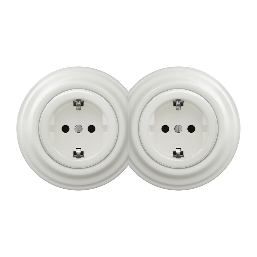 Kliklap - Doppelsteckdose im Retro-Design für den Hausgebrauch mit Rahmen SCHUKO 230V/16A weiß