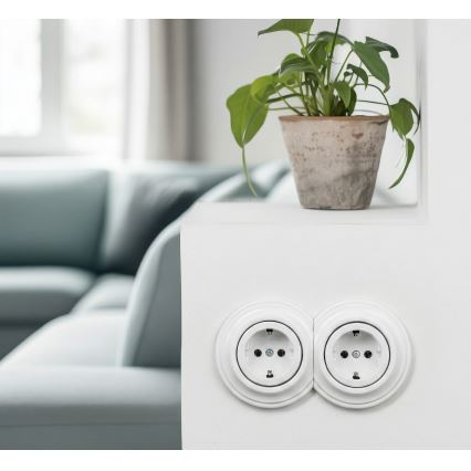Kliklap - Doppelsteckdose im Retro-Design für den Wohnbereich mit Rahmen, SCHUKO 230V, schneeweiß