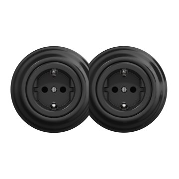 Kliklap - Doppelsteckdose im Retro-Design mit Rahmen, SCHUKO 230 V, schwarz