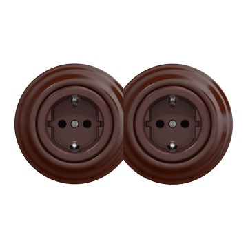 Kliklap - Doppelte Retro-Steckdose für den Hausgebrauch mit Rahmen SCHUKO 230V braun