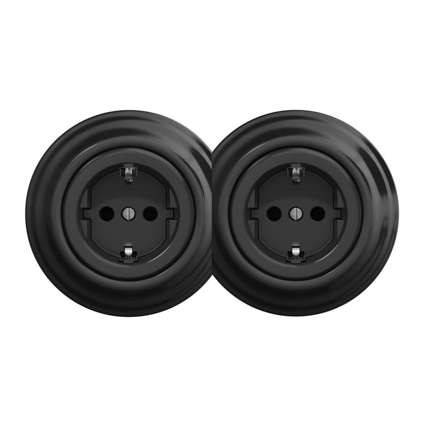 Kliklap - Doppelte Retro-Wandsteckdose mit Rahmen, SCHUKO 230 V, schwarz