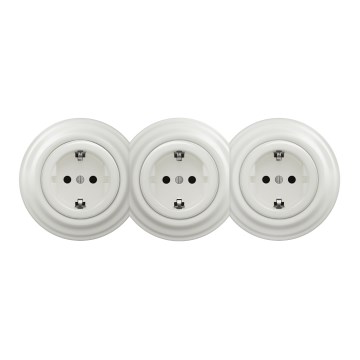 Kliklap - Dreifach-Retro-Steckdose für den Haushalt mit Rahmen, SCHUKO, 230 V, weiße Keramik