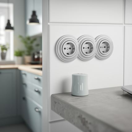 Kliklap - Dreifach-Retro-Steckdose für den Haushalt mit Rahmen, SCHUKO, 230 V, weiße Keramik