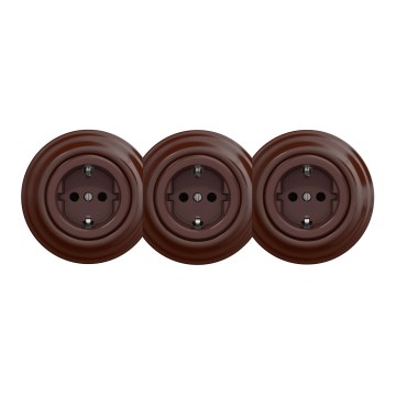 Kliklap - Dreifach-Retro-Steckdose für den Wohnbereich mit Rahmen, SCHUKO 230 V, braun