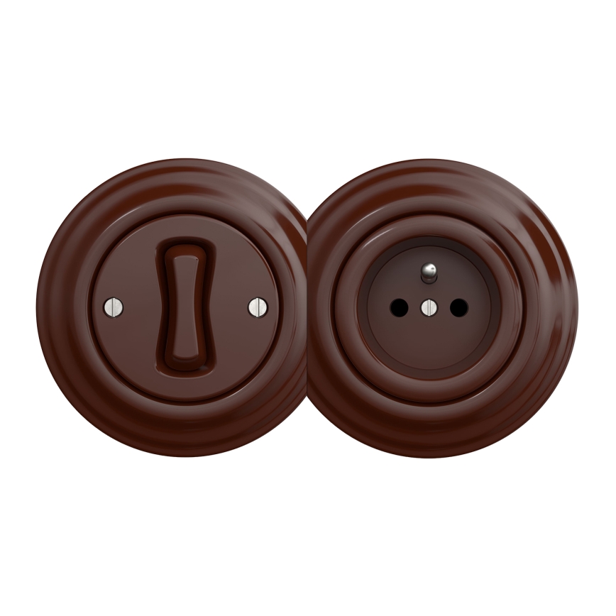 Kliklap - Retro einpoliger Schalter Nr. 1 und 230‑V‑Steckdose mit Rahmen, braun