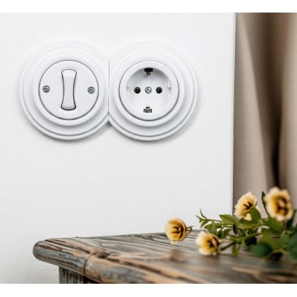 Kliklap - Retro-Einpolschalter Nr. 1 und SCHUKO-Steckdose 230 V mit Rahmen, schneeweiß