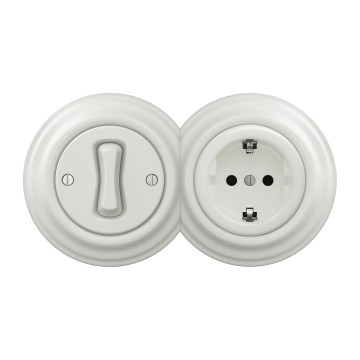 Kliklap - Retro einpoliger Schalter Nr. 1 und SCHUKO-Steckdose 230V mit weißem Rahmen
