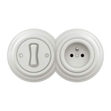 Kliklap - Retro einpoliger Schalter Nr. 1 und Steckdose 230V mit Rahmen, keramikweiß