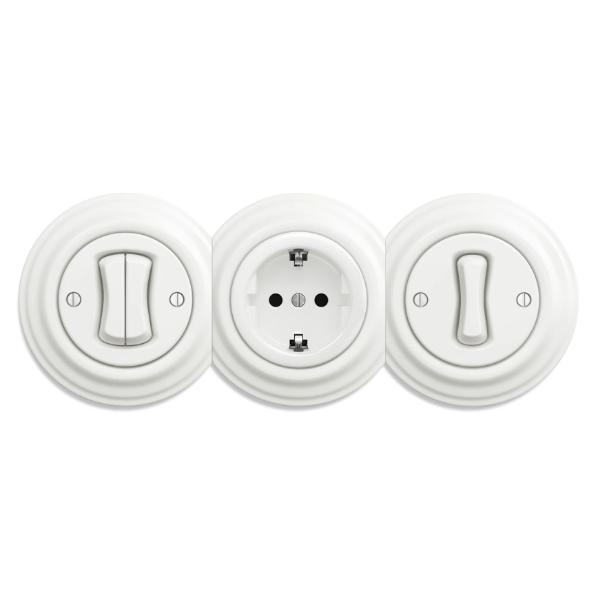 Kliklap - Retro-Haushaltssteckdose, rahmenlos, SCHUKO 230 V/16 A, aus Keramik, weiß
