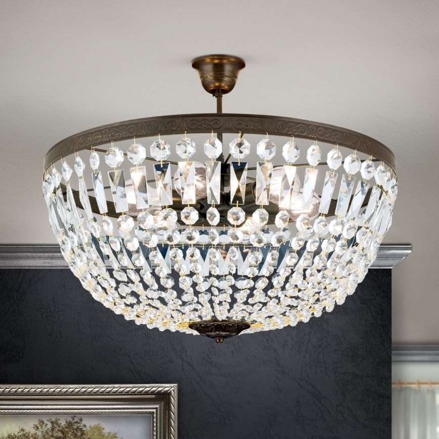 Kristall-Kronleuchter an Stange ARILA 6xE27/60W/230V d 60 cm braun/Patina