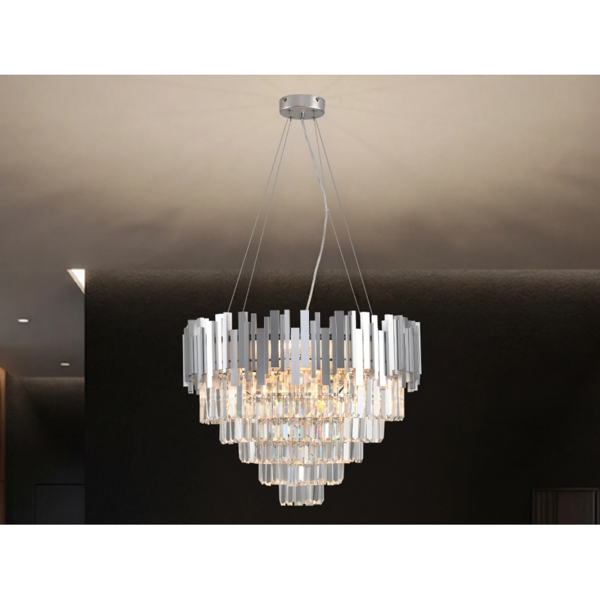 Kristall-Kronleuchter PLAZA an Kabel, 9xE14/40W/230V, Ø 60 cm, silber