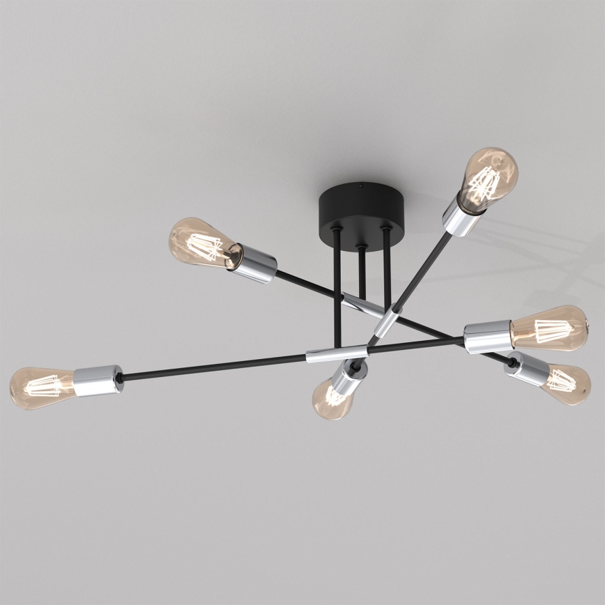 Kronleuchter an einer Stange FLAME 6xE27/60W/230V schwarz/chrom glänzend