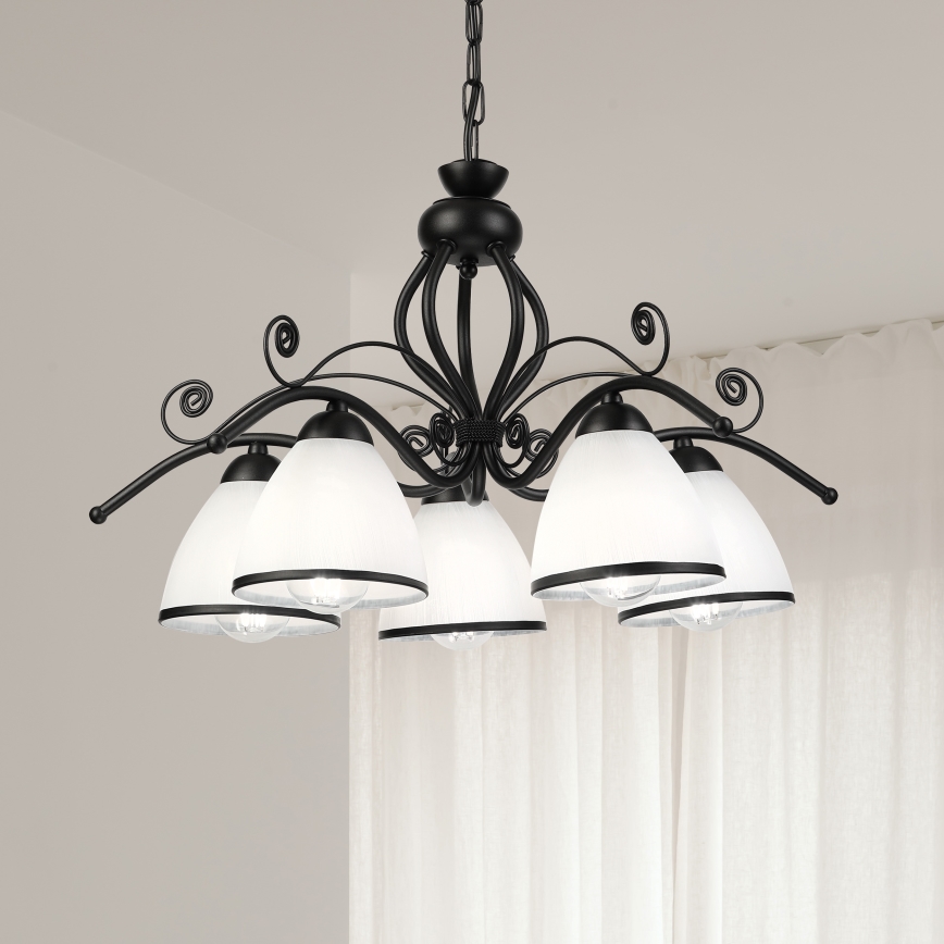 Kronleuchter an Kette RETRO 5xE27/60W/230V schwarz/weiß