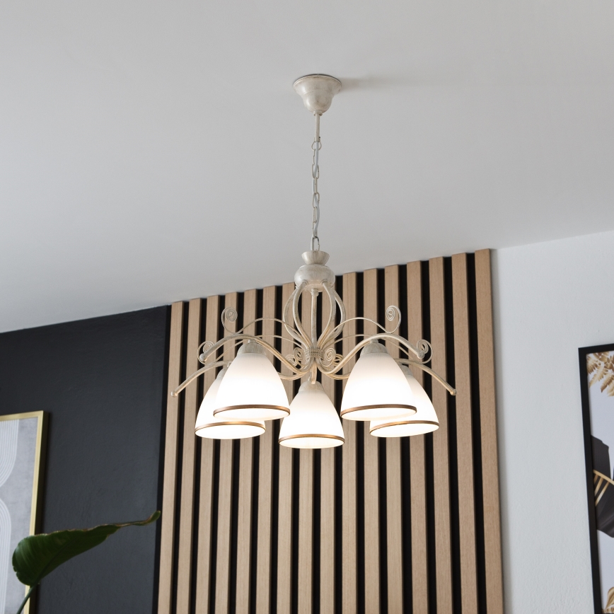 Kronleuchter an Kette RETRO II 5xE27/60W/230V weiße Patina