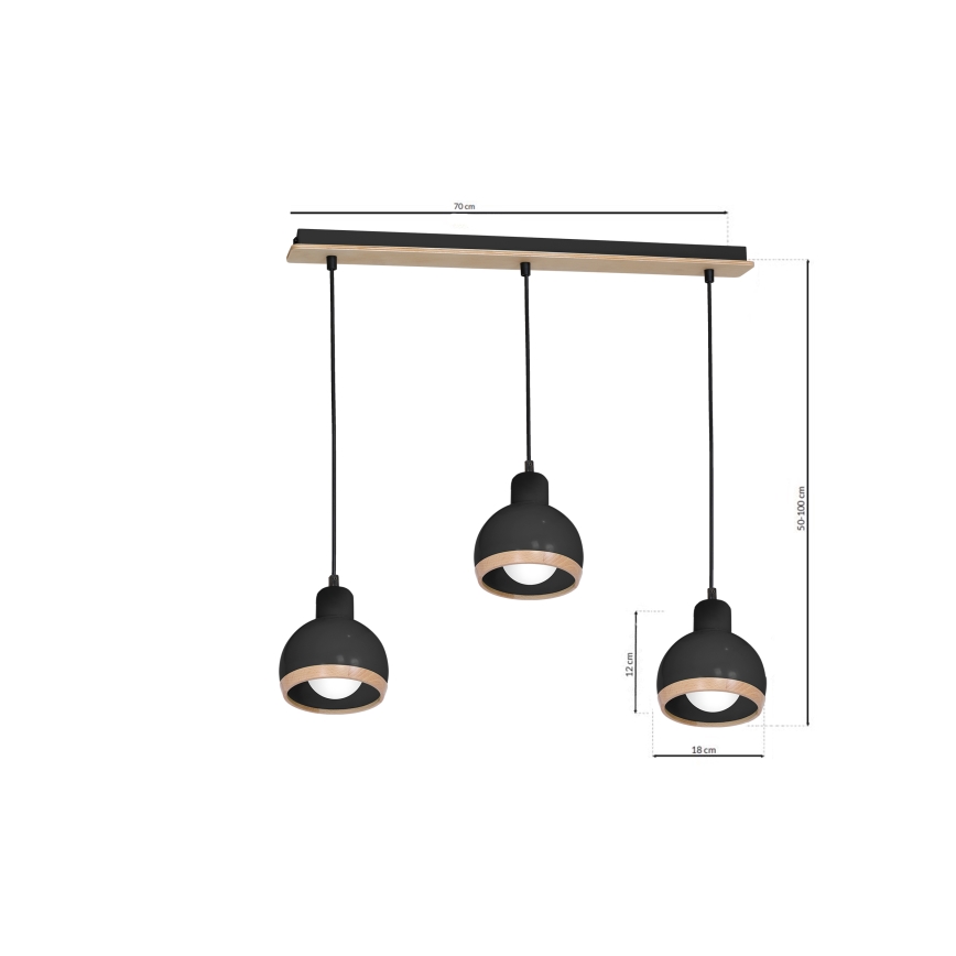 Kronleuchter an Schnur OVAL 3xE27/60W/230V schwarz