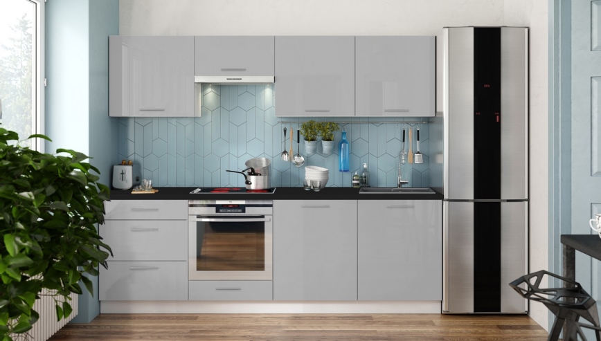 Küchenzeile CELESTE 240 cm glänzend grau