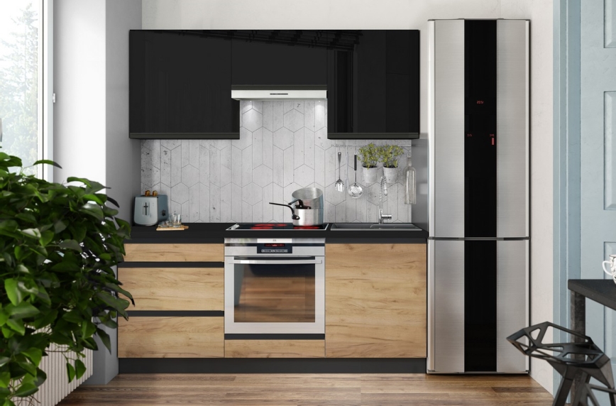 Küchenzeile MARINA 180 cm Eiche Dekor/glänzend schwarz