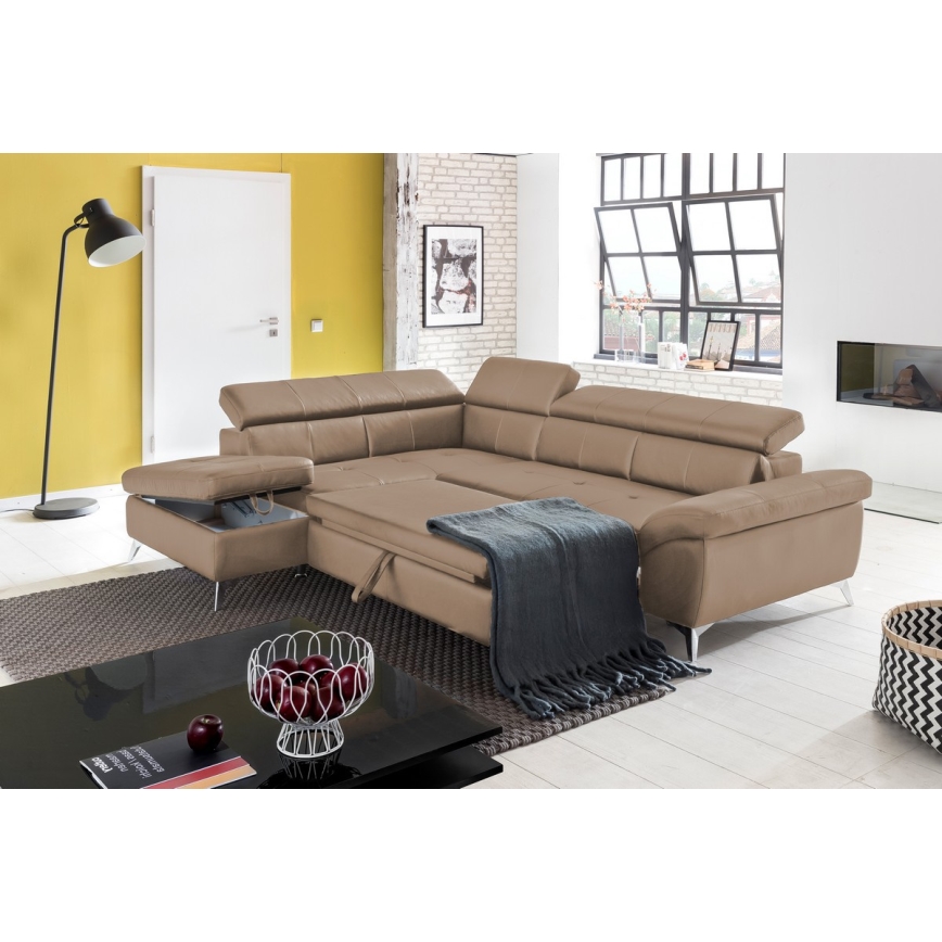 L-förmiges Klapp-Ecksofa aus Leder SALERNO II links braun