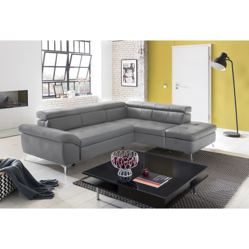 L-förmiges Klapp-Ecksofa aus Leder SALERNO II links grau