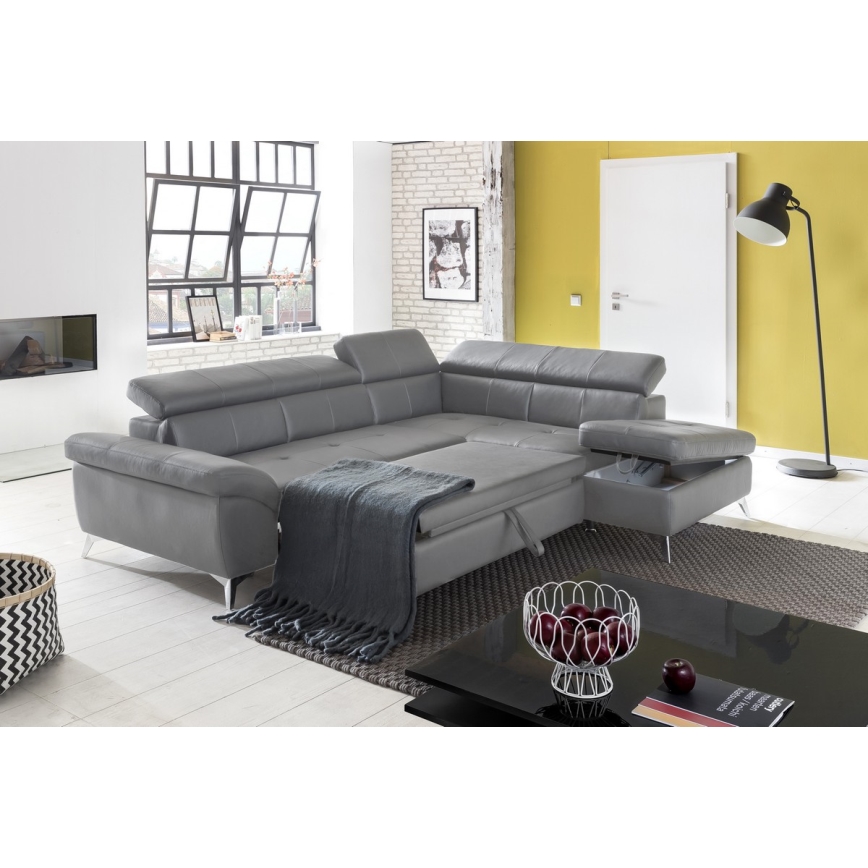 L-förmiges Klapp-Ecksofa aus Leder SALERNO II links grau