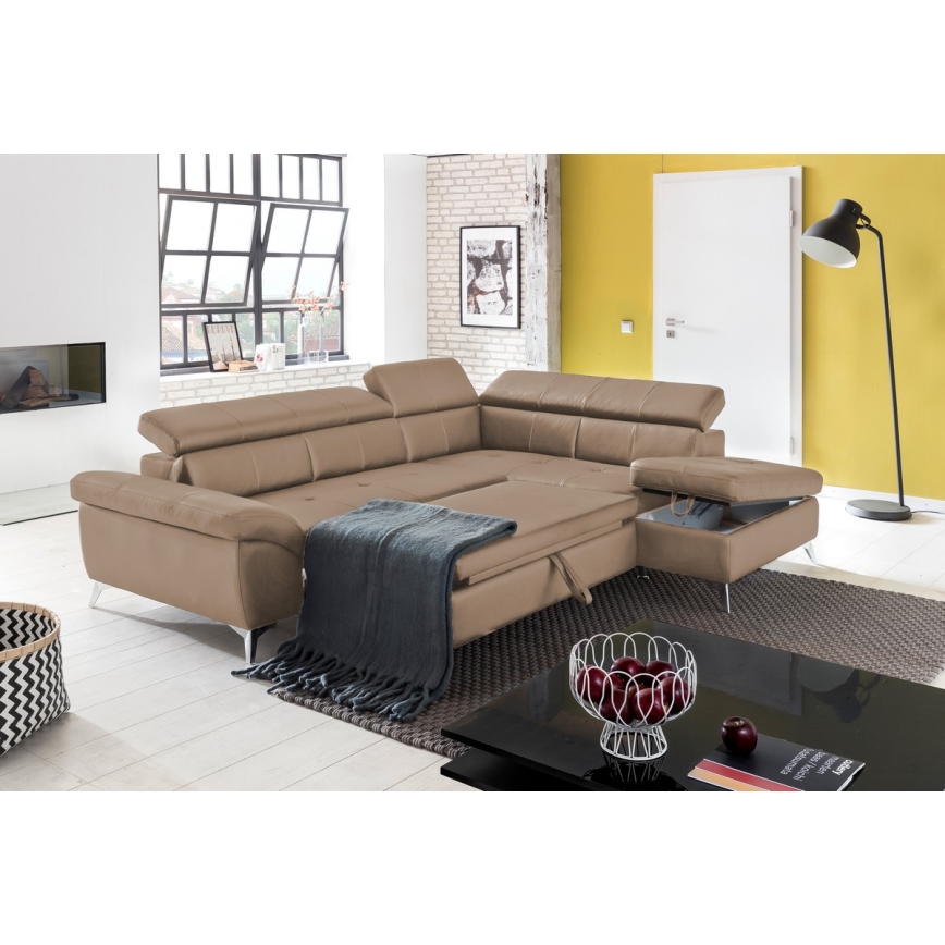 L-förmiges Klapp-Ecksofa aus Leder SALERNO II rechts braun