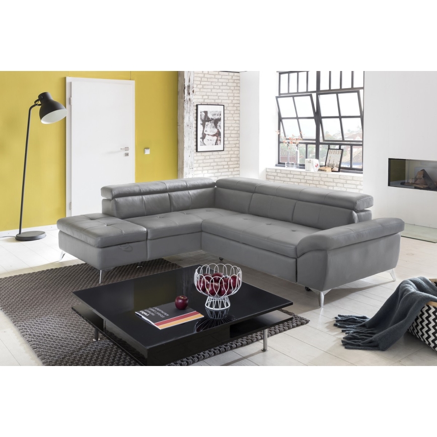 L-förmiges Klapp-Ecksofa aus Leder SALERNO II rechts grau