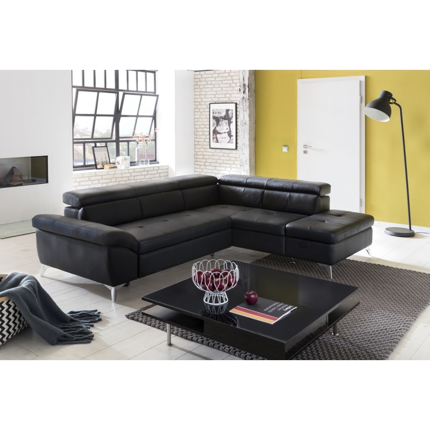 L-förmiges Klapp-Ecksofa aus Leder SALERNO II rechts schwarz