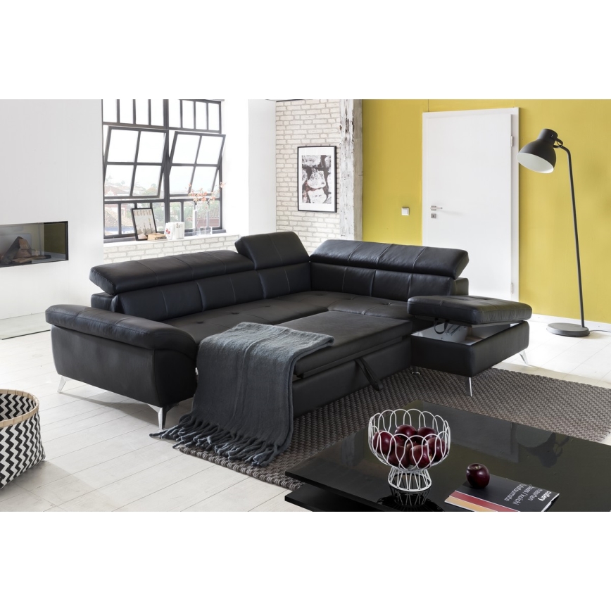L-förmiges Klapp-Ecksofa aus Leder SALERNO II rechts schwarz
