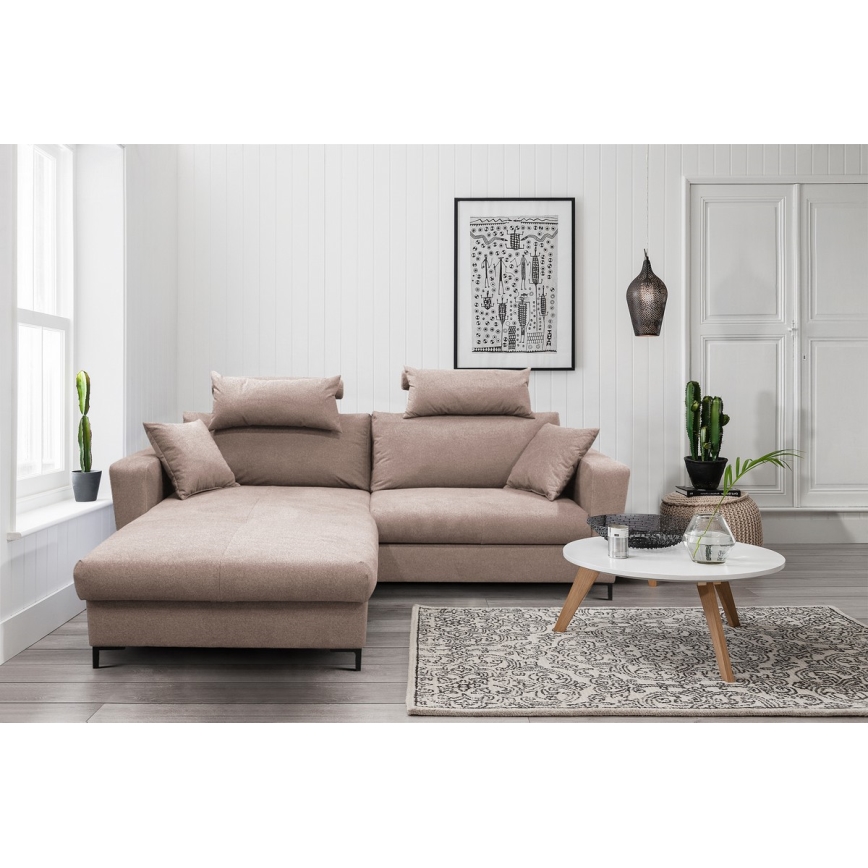 L-förmiges, klappbares Eck-Polstersofa HORTA links braun