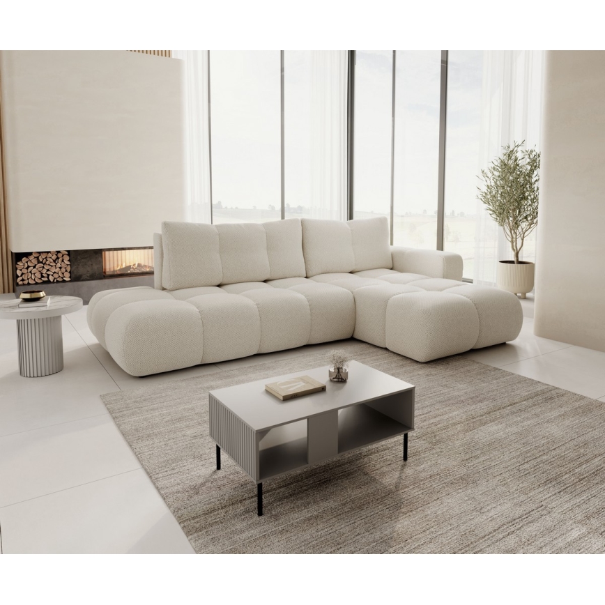 L-förmiges, klappbares Eck-Polstersofa mit Stauraum ALMADA rechts hellbeige