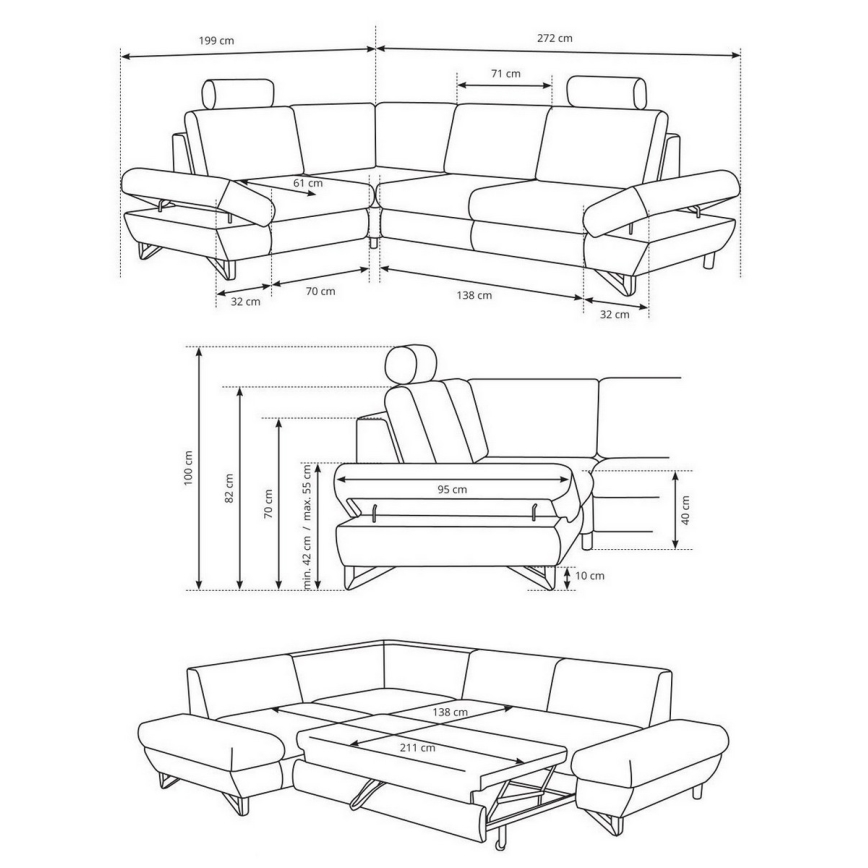 L-förmiges, klappbares Eck-Polstersofa mit Stauraum AVESTA rechts anthrazit