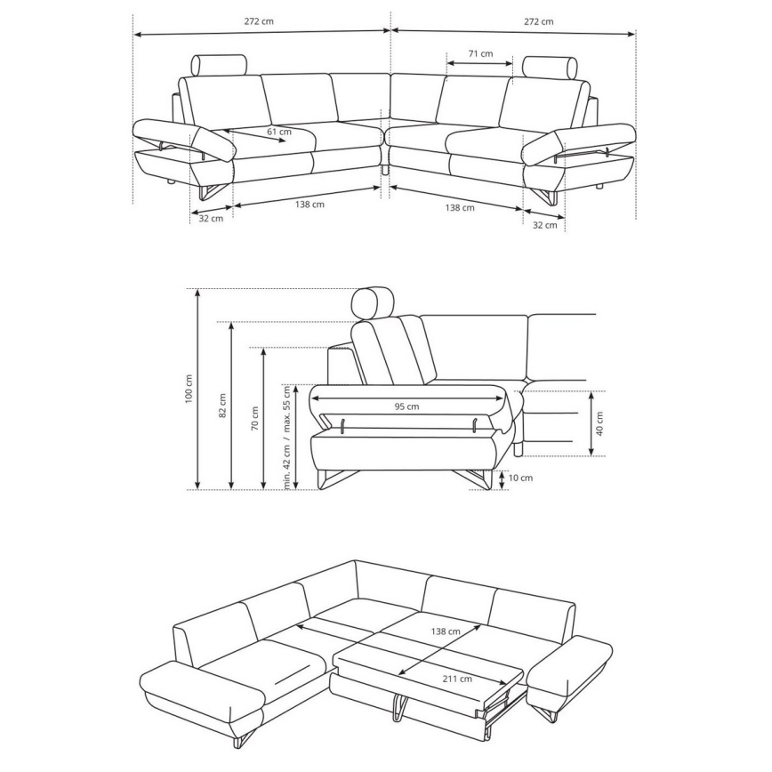 L-förmiges, klappbares Eck-Polstersofa mit Stauraum AVESTA rechts grau