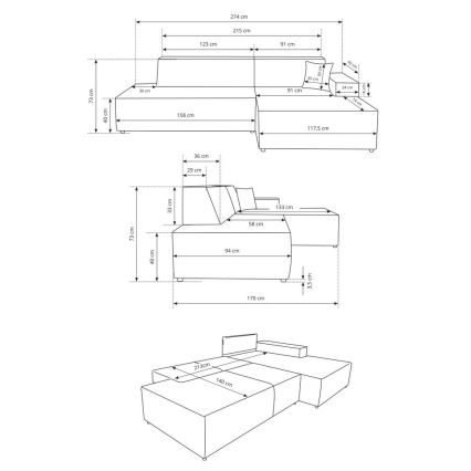 L-förmiges, klappbares Ecksofa mit Stauraum TERAMO rechts beige