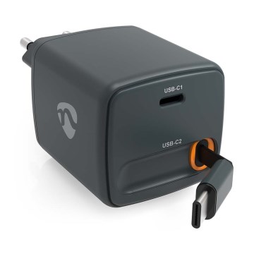 Ladegerät mit einziehbarem Kabel, Power Delivery 30W, 2x USB-C, schwarz
