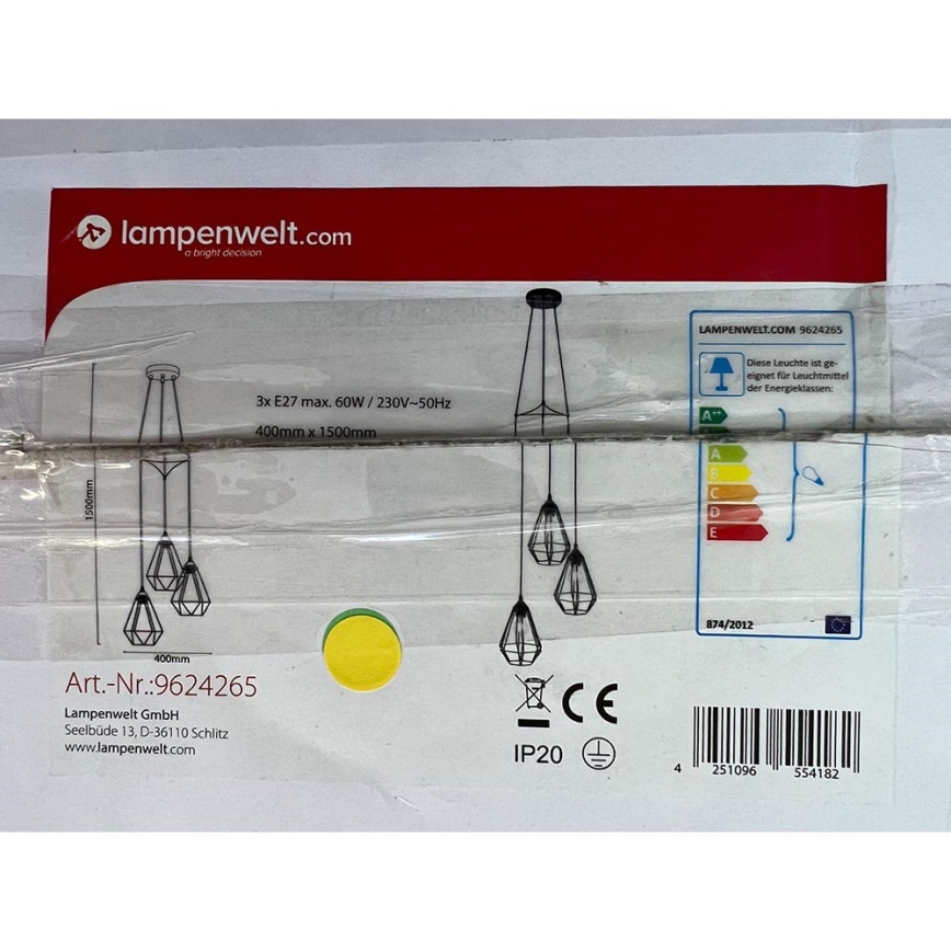 Lampenwelt - Hängeleuchte an Schnur ELDA 3xE27/60W/230V