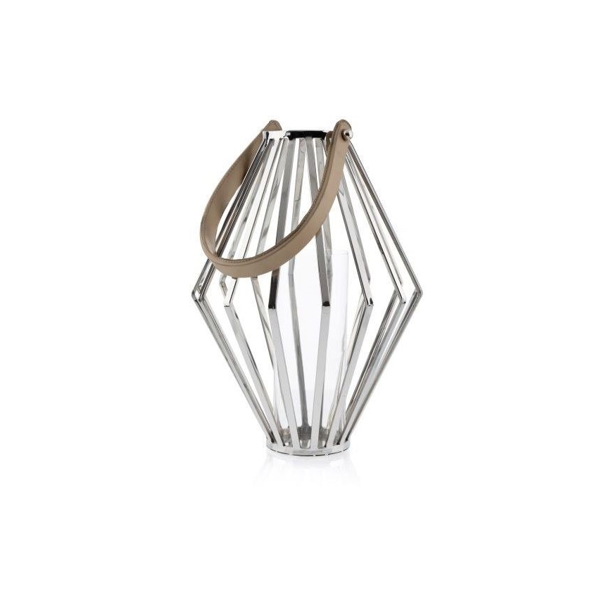 Laterne GEOM 41 cm glänzendes Chrom/braun