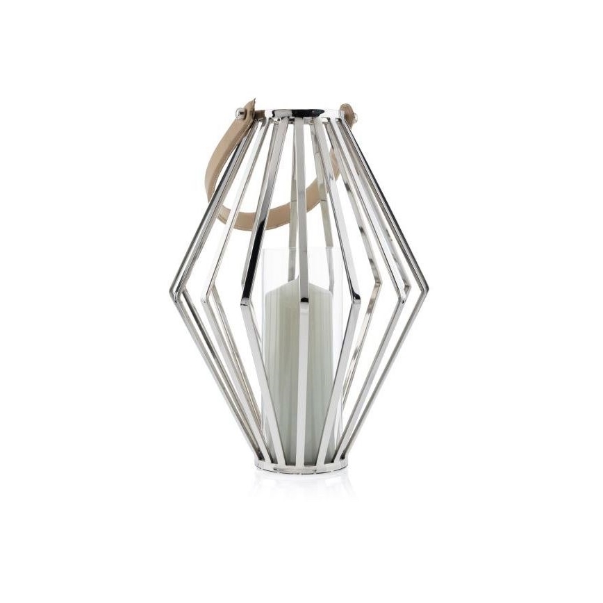 Laterne GEOM 41 cm glänzendes Chrom/braun