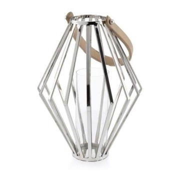 Laterne GEOM 41 cm glänzendes Chrom/braun