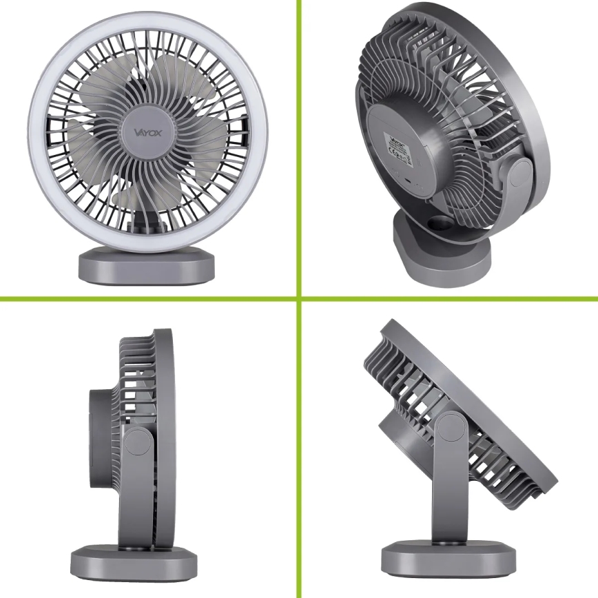 LED Wiederaufladbarer Tischventilator mit LED-Beleuchtung LED/3W/5V USB 2400 mAh Grau