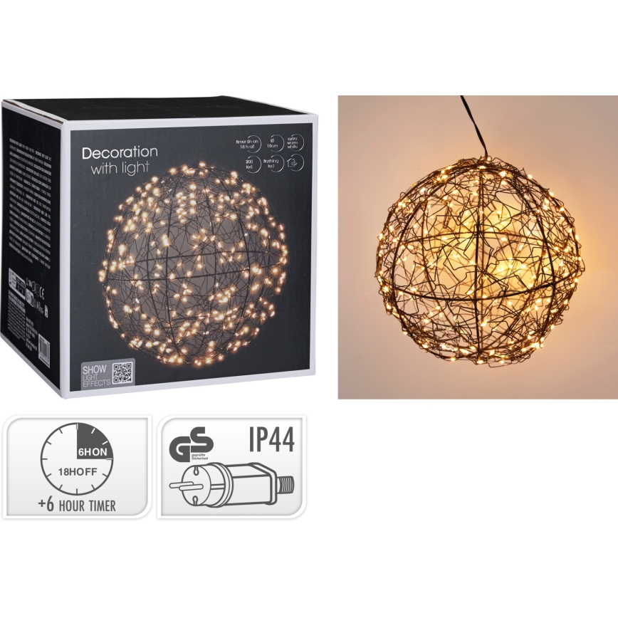 LED-Außen-Weihnachtsdekoration 200xLED/230V Ø 18 cm IP44 warmweiß Kugel/schwarz